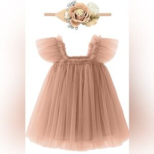 Adorable camel color Tulle Dress with Floral Headband